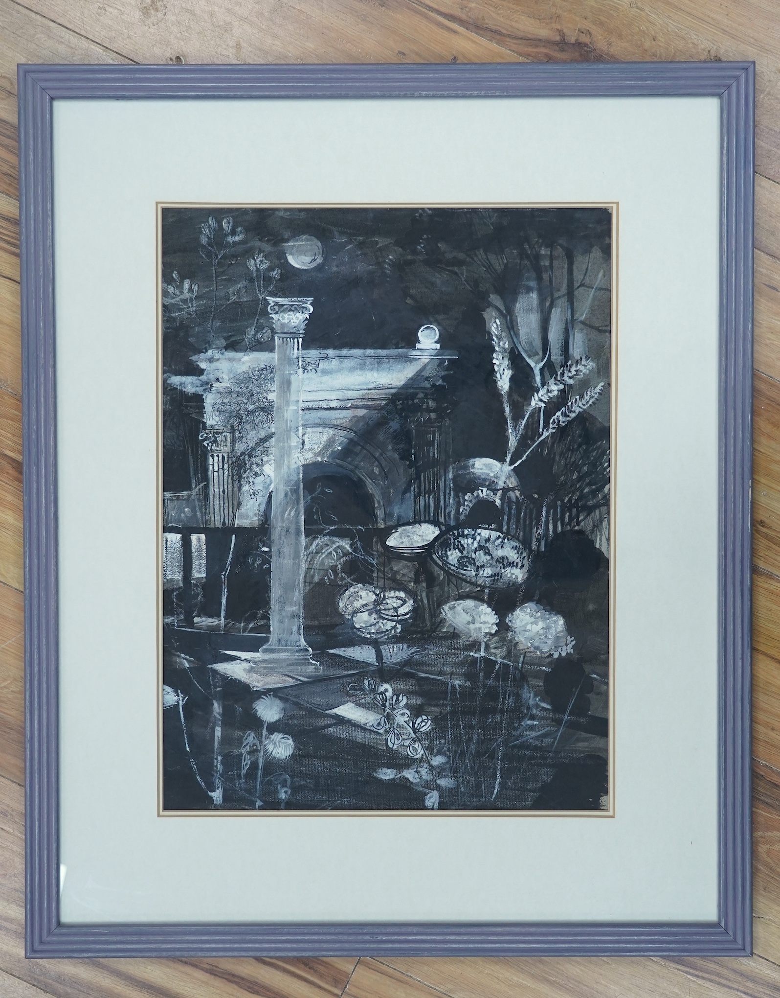 Ernest Greenwood (1910-2004), heightened watercolour and mixed media, 'Moonlit garden', signed, details verso, 55 x 40cm